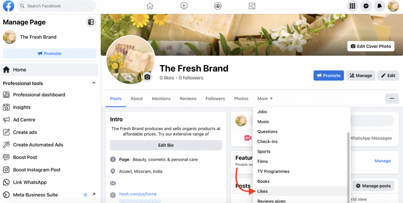 Facebook stranica"More" dropdown menu with arrow pointing to the "Likes" button