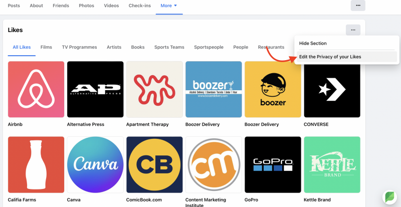 padajući izbornik sa strelicom koja pokazuje na"edit the privacy of your likes" button