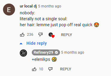 Screenshot delle risposte ai commenti di YouTube: mettere mi piace e reagire con un commento emoji.