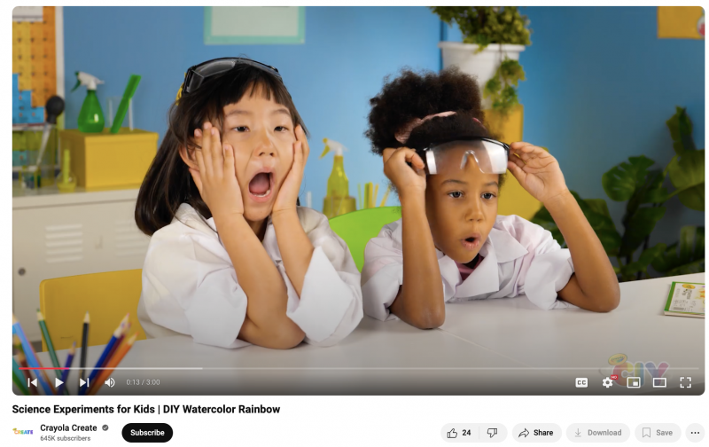   Un vídeo de Crayola's YouTube channel that showcases how you can use their products for DIY science experiments for kids