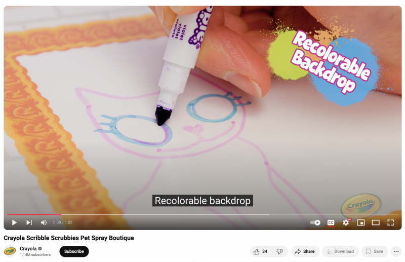   Un vídeo de Crayola's YouTube channel that spotlights their Scribble Scrubbies Pet Spray Boutique