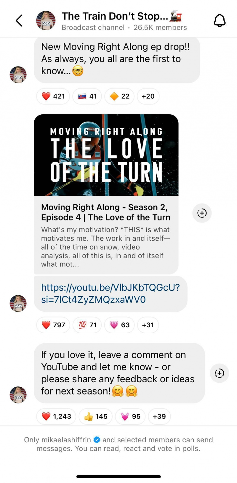   @mikaelashiffrin's Instagram broadcast channel. She shares a YouTube link to a new episode of Moving Right Along, which was sponsored by Adidas Terrex.