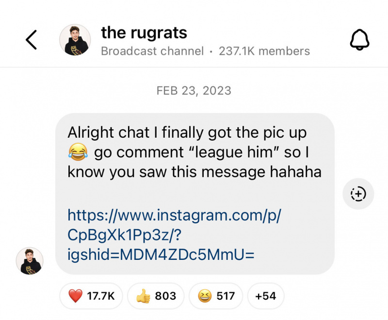   Μια προεπισκόπηση του καναλιού εκπομπής Instagram του @fazerug. Μοιράζεται έναν σύνδεσμο προς μια φωτογραφία στην κύρια ροή του και λέει στην ομάδα να σχολιάσει μια συγκεκριμένη φράση,"League him."