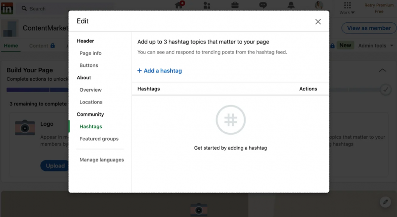   LinkedIn işletme sayfanıza nasıl hashtag ekleyeceğinizi gösteren ekran görüntüsü.