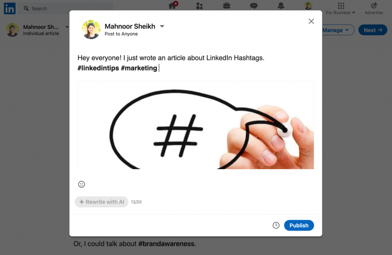   Bir LinkedIn makalesinin hashtag'lerle nasıl göründüğünü gösteren ekran görüntüsü.