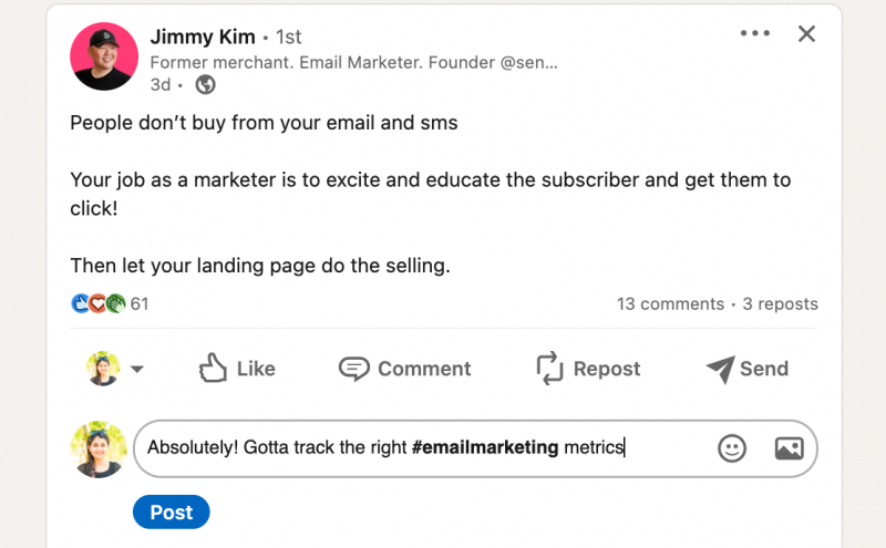   LinkedIn yorumlarına nasıl hashtag ekleneceğini gösteren ekran görüntüsü.