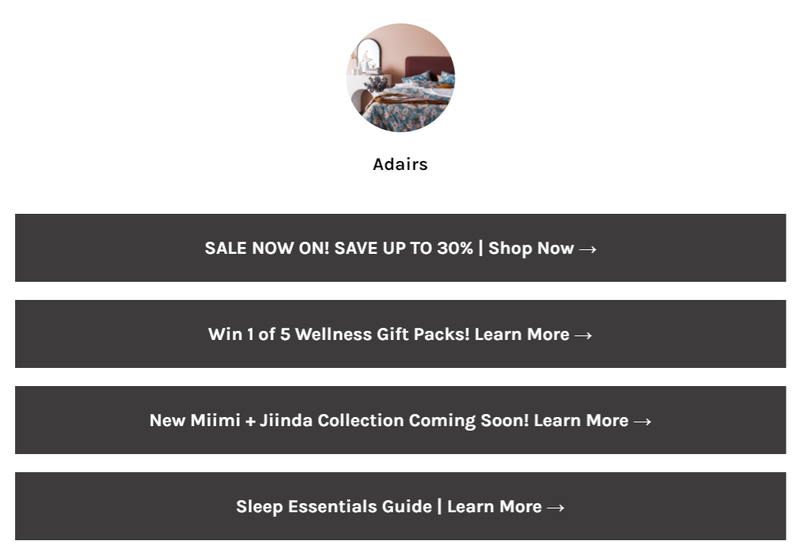 Adairs के लिए Linktree पृष्ठ अपनी 30% छूट बिक्री के लिए एक लिंक दिखा रहा है