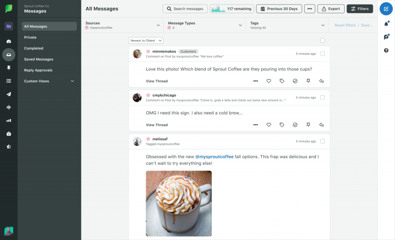   Her birinin yanındaki kutuyu işaretleme seçeneğiyle birlikte Instagram yorumlarının ve mesajlarının bir listesini gösteren Sprout Social Smart Gelen Kutusu