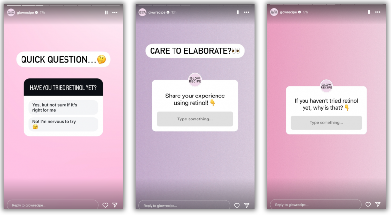   Glow Recipe'tan insanlara bu konuda sorular soran bir dizi Instagram Hikayesi've used retinol and the option to vote their answer, and two more Stories with question cards asking them to share their experience using it or why they haven't tried it 