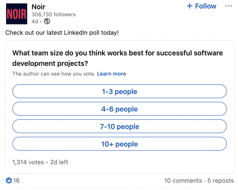 negro's content marketing strategy on LinkedIn includes asking questions and polling answers.