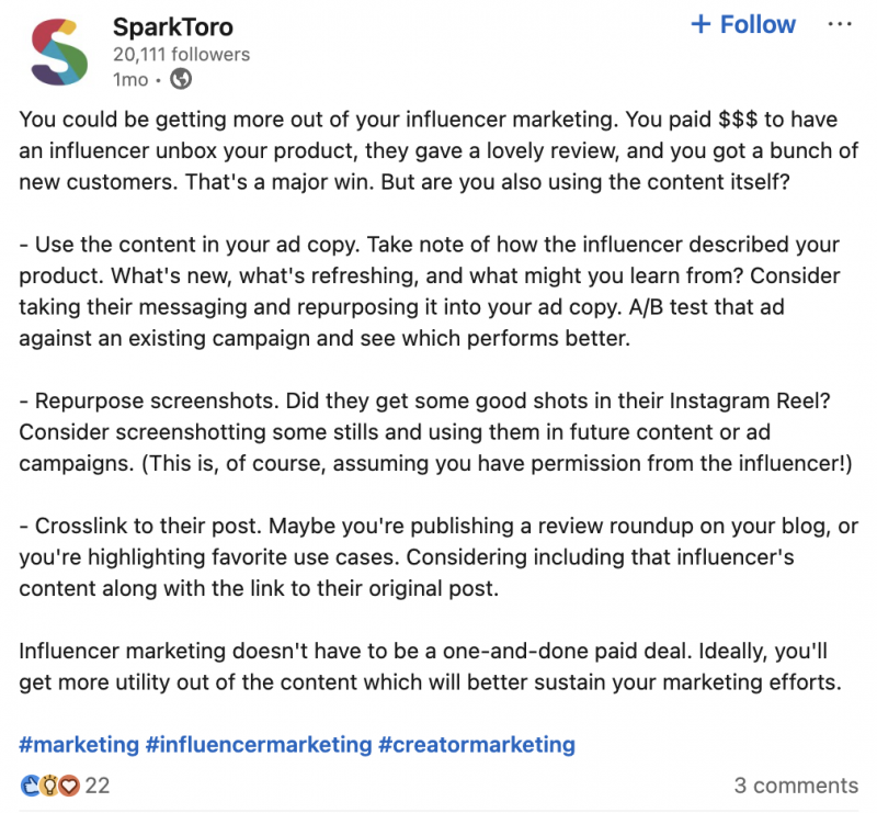 SparkToro utiliza hashtags de LinkedIn como parte de su estrategia de marketing de contenidos.