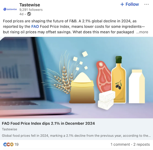 Ejemplo de estrategia de contenido de LinkedIn de Tastewise, que comparte un artículo de liderazgo intelectual y de la industria.