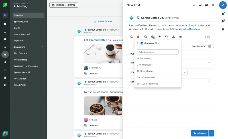 Cuadro de redacción de Sprout Social para una publicación de LinkedIn dirigida a una audiencia del tamaño de una empresa de LinkedIn.