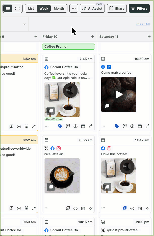 GIF que muestra la plataforma Sprout Social utilizando el chatbot AI Assist para generar ideas de subtítulos basadas en un tema personalizado.