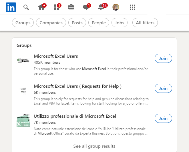  LinkedIn grupe"Microsoft Excel" search Results showing Microsoft Excel Users