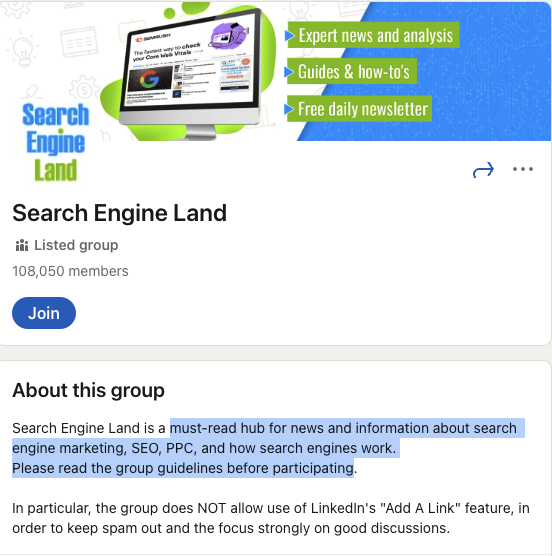   Zemlja tražilice, primjer grupe LinkedIn
