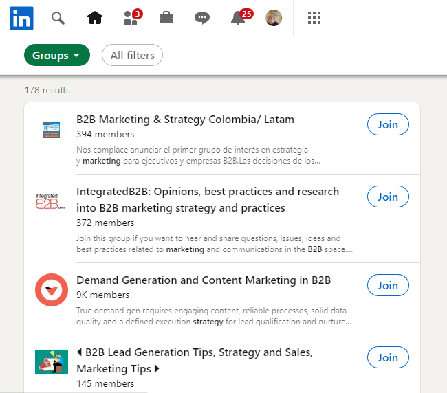   LinkedIn grupe"B2B marketing strategy" search results 