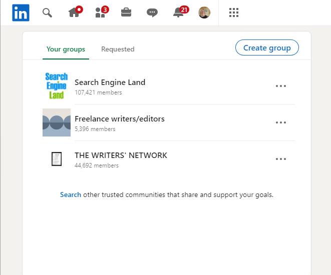   Grupe LinkedIn Primjer stranice Vaših grupa koja prikazuje gumb Stvori grupu i funkciju pretraživanja