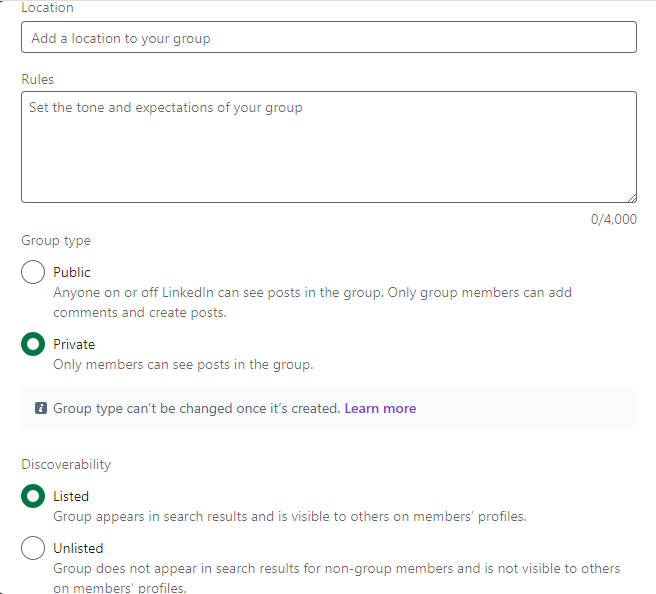  LinkedIn grupe - Stvorite grupni obrazac od Lokacija do opcija Vidljivosti