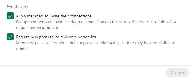   LinkedIn Groups Create Group obrazac - Dozvole putem gumba Create