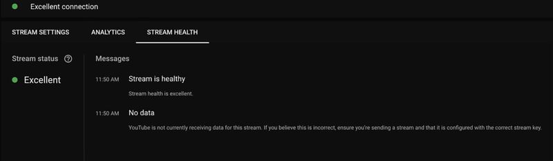 Screenshot dello stato di salute di un live streaming di YouTube.