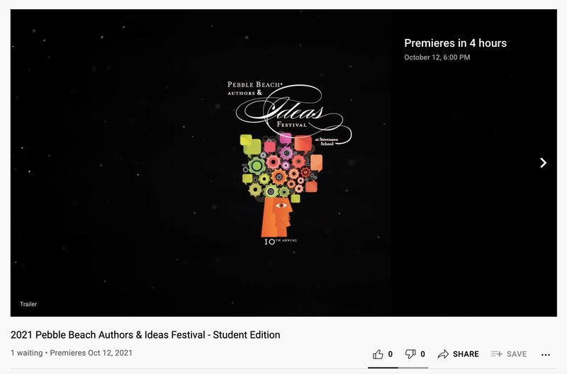 Screenshot del video del Pebble Beach Authors & Ideas Festival 2021 che denota il primo conto alla rovescia nell