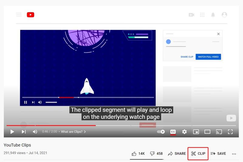 Video di YouTube con segno rosso che indica il pulsante Clip