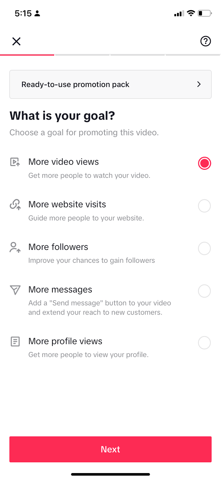 Zaslon 'Koji je vaš cilj' tijeka postavljanja kampanje TikTok Promote