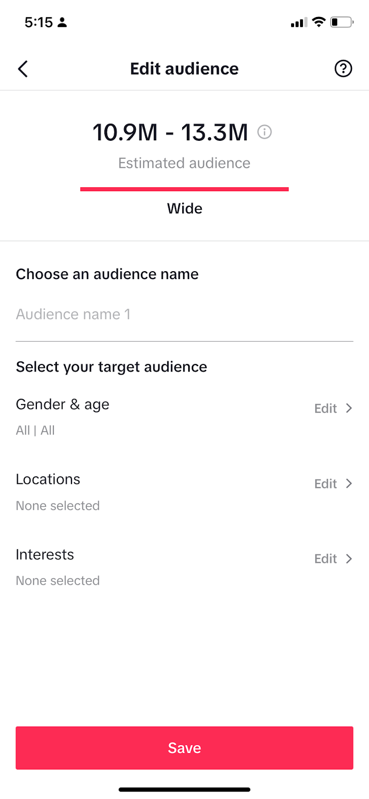 Zaslon za uređivanje publike u TikTok Promote