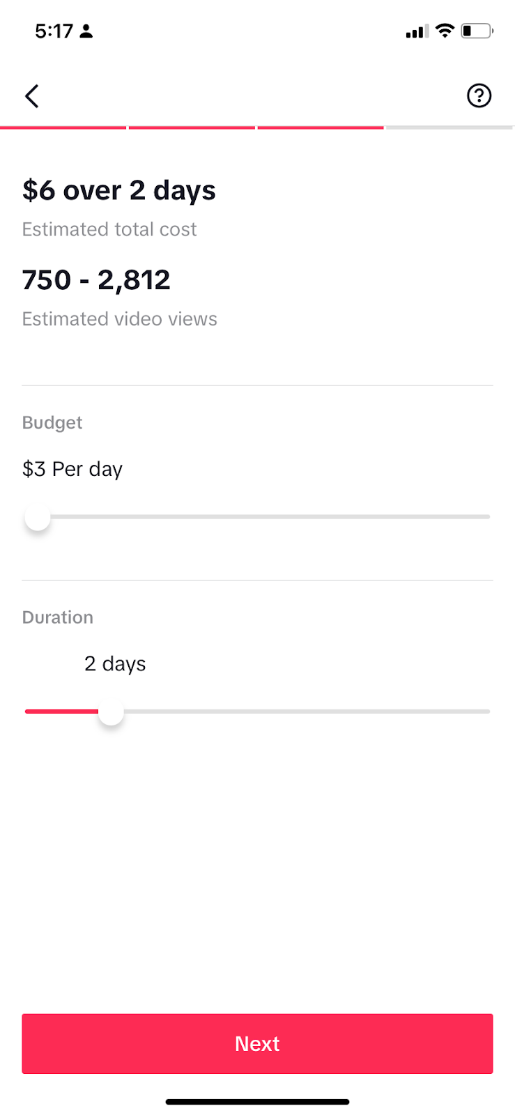 Zaslon Postavite svoj proračun i trajanje u TikTok Promote