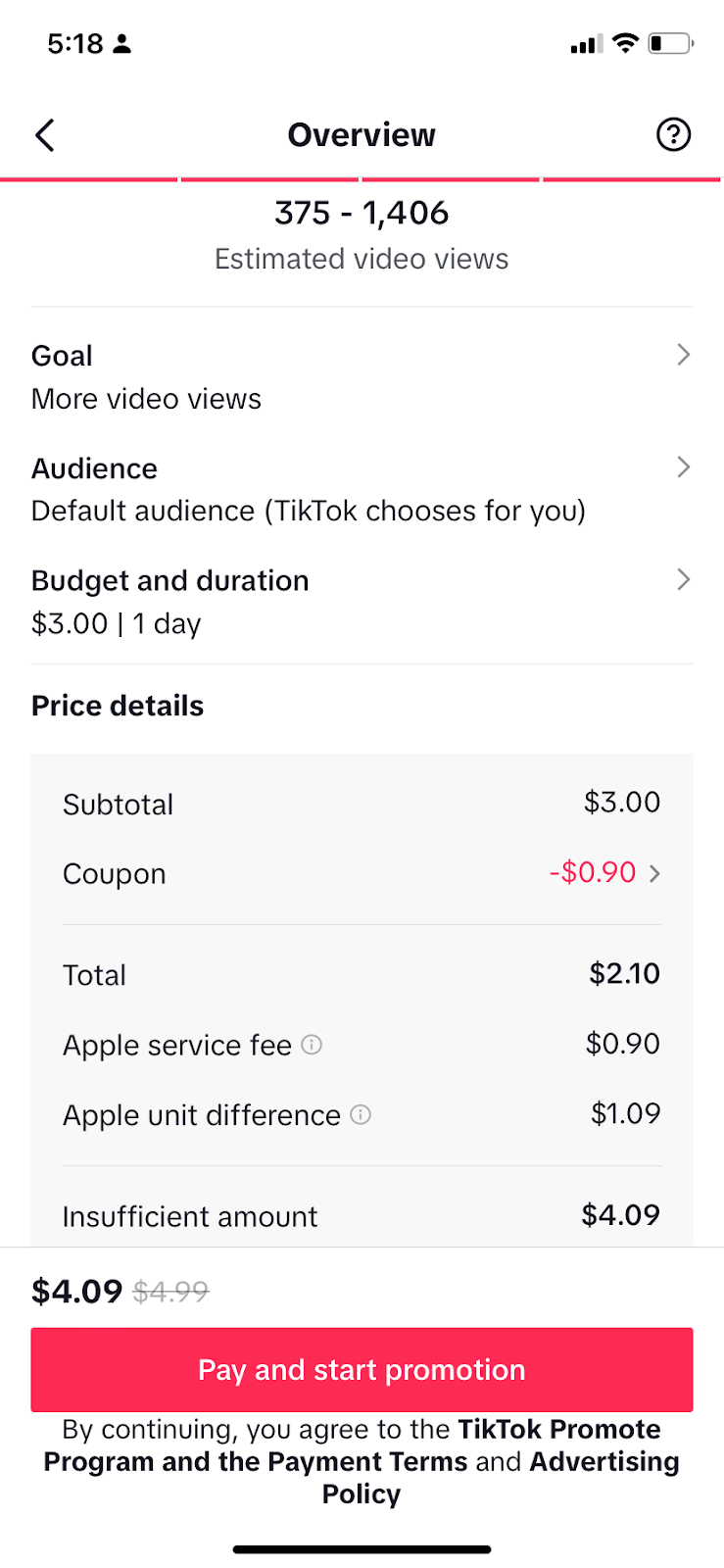 Zaslon Pregled u TIkTok Promote