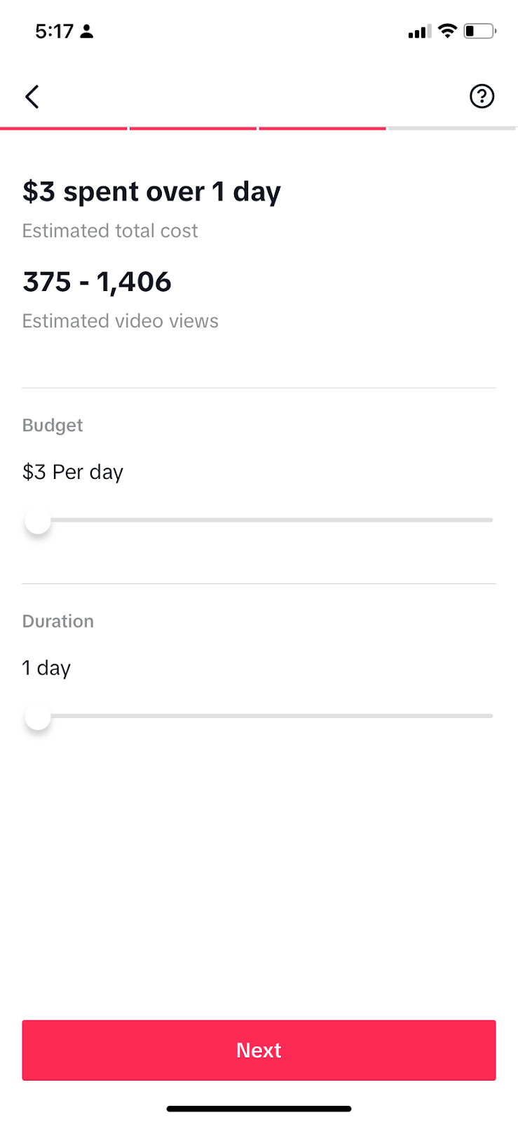 Zaslon proračuna i trajanja u TikTok Promote prikazuje minimalni proračun i trajanje.