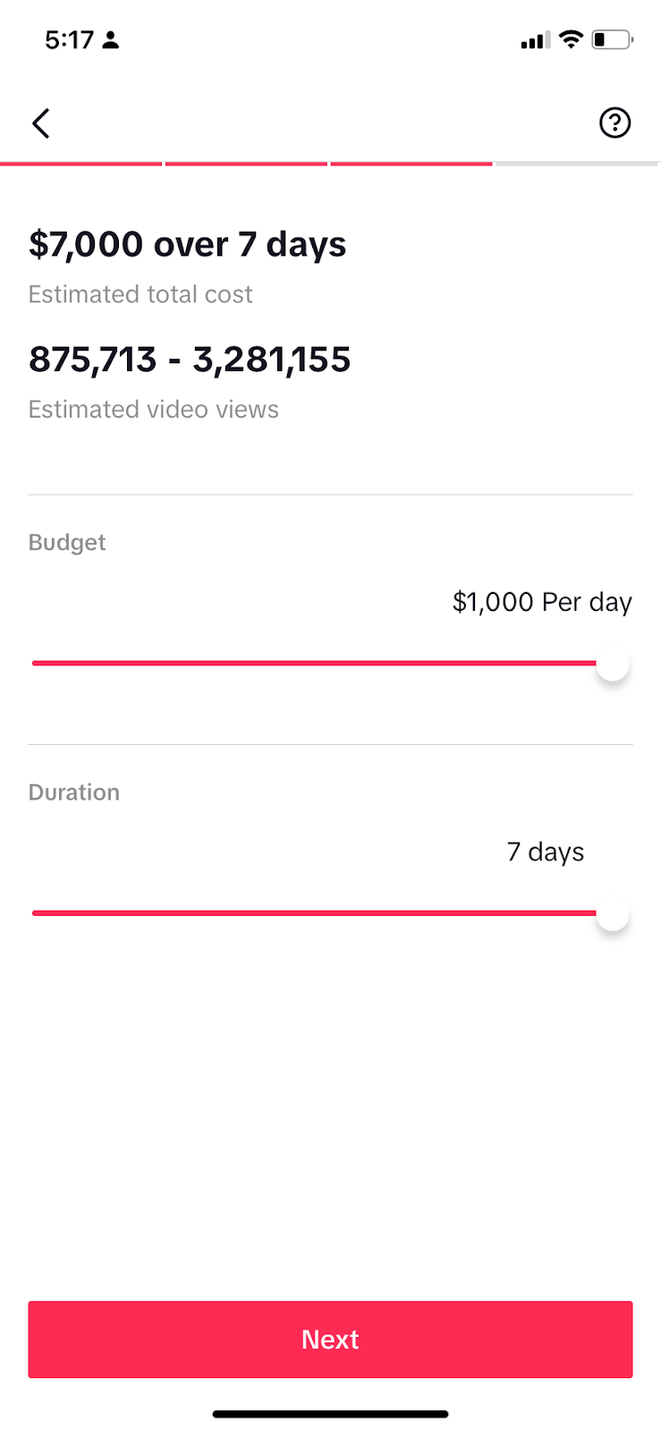 Zaslon proračuna i trajanja u TikTok Promoteu, koji prikazuje maksimalni proračun i trajanje.
