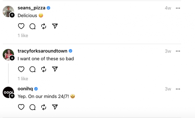 La secció de comentaris sobre Ooni's Threads post about making breakfast. Fans were quick to comment how delicious the mouth-watering meal looked.