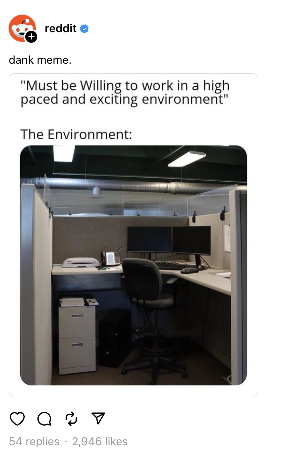   Una publicació de Reddit a Threads que diu: meme humit. El meme adjunt es burla de la vida del cubicle corporatiu.