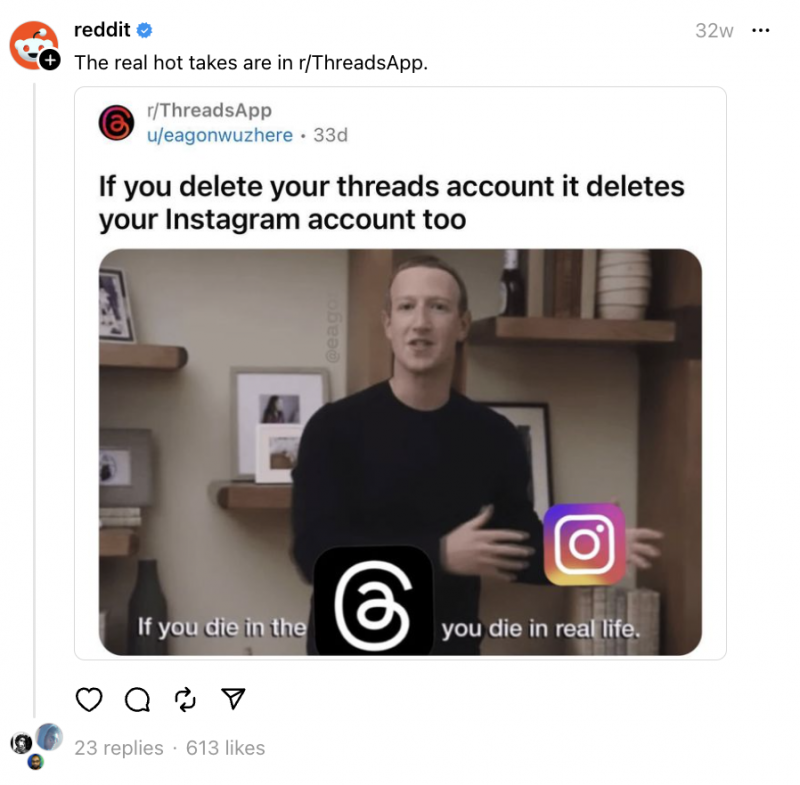   Una publicació de Reddit a Threads sobre un fòrum de Reddit sobre la plataforma Threads.