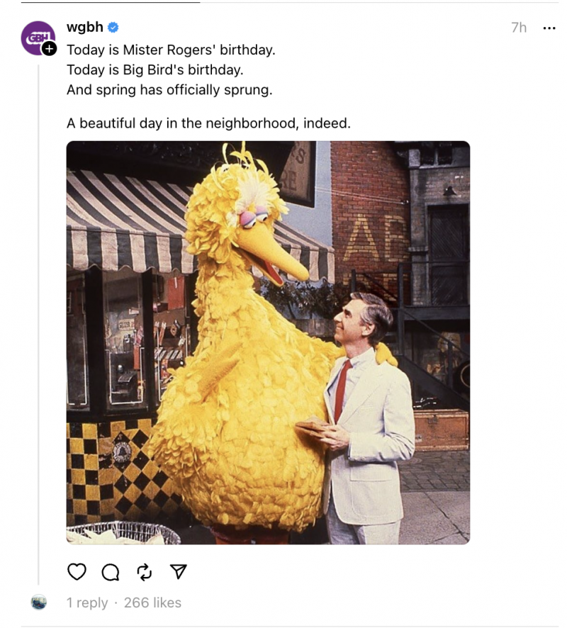   Una publicació de GBH Threads que celebra els aniversaris del Sr. Rogers i Big Bird i l'inici de la primavera.