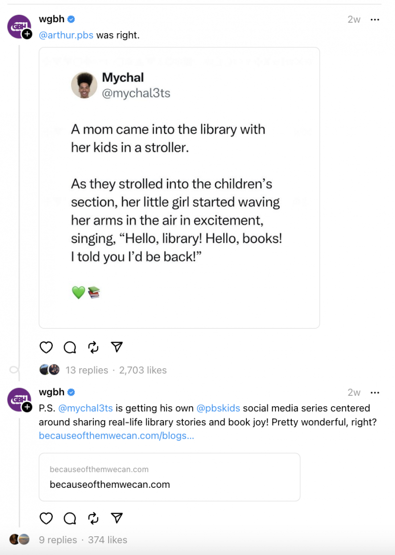   Una publicació de GBH Threads amb l'influencer Mychal the Librarian i la seva nova sèrie de xarxes socials PBS Kids.