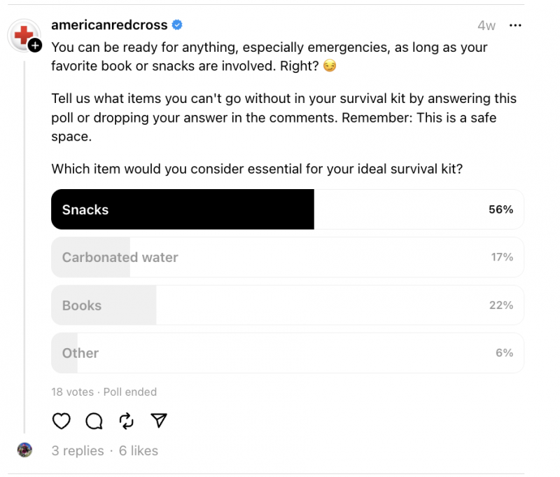   Una enquesta de la Creu Roja Americana a Threads, que demana als usuaris que triïn quins articles consideren essencials en el seu equip de supervivència. Resposta principal: berenars.