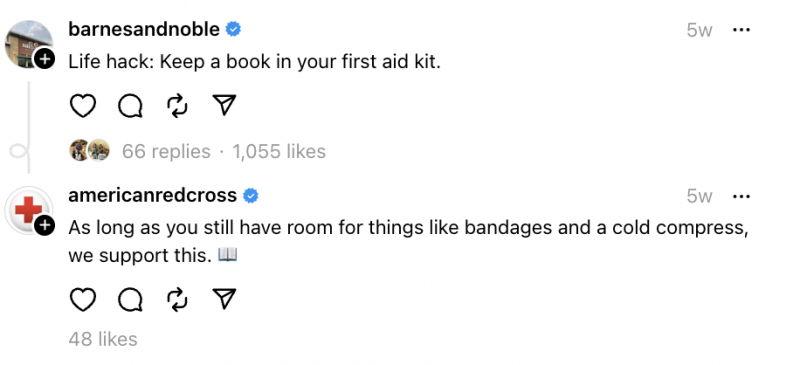   La Creu Roja Americana respon de manera divertida a Barnes and Noble a Threads sobre posar llibres a les botigues de primers auxilis.