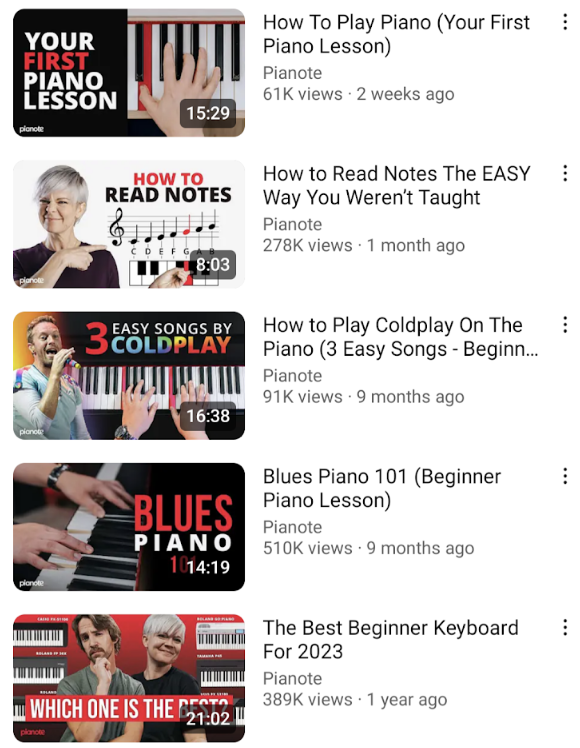   ejemplo de SEO de YouTube del canal de YouTube de Pianote