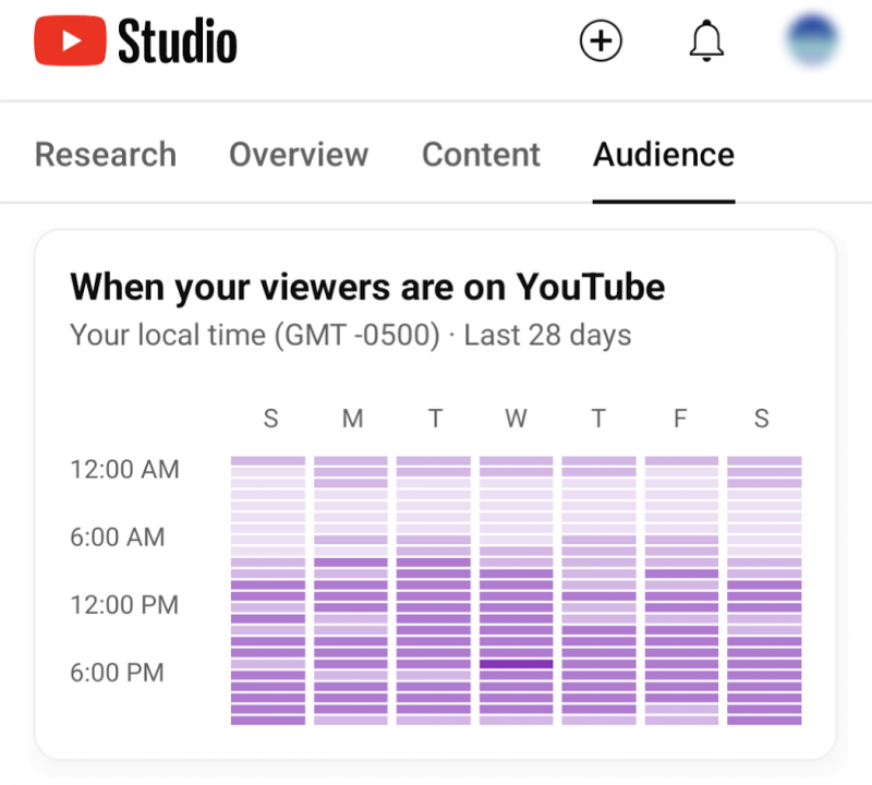   gráfico que representa la actividad de la audiencia de YouTube en YouTube Studio's analytics