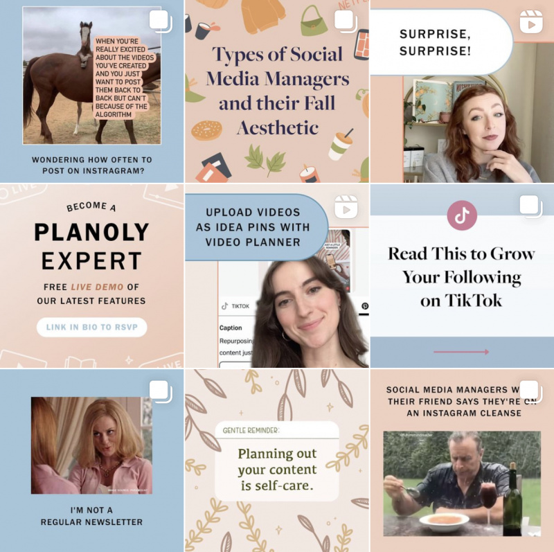 Capture d'écran de Planoly's Instagram grid, showcasing 9 squares of various Instagram templates.