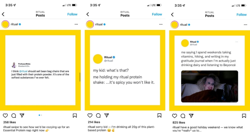 Capture d'écran de trois publications Instagram de Ritual montrant l'utilisation de Tweets comme modèle de publication.