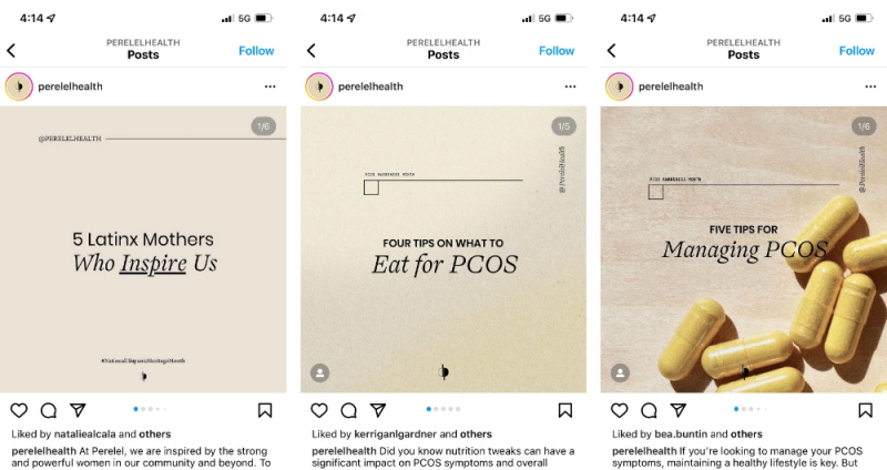 Capture d'écran de trois publications Instagram de Perelel Health montrant l'utilisation de modèles Instagram.