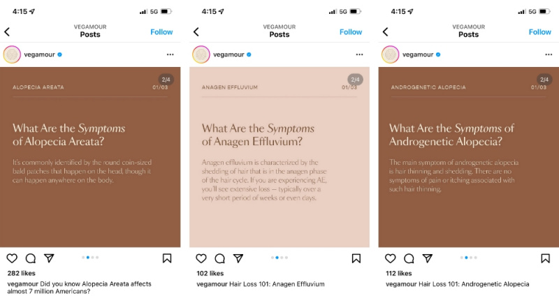Capture d'écran de trois publications Instagram de Vegamour montrant l'utilisation de modèles Instagram.