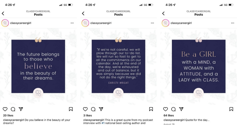 Capture d'écran de trois publications Instagram de Classy Career Girl montrant l'utilisation de modèles Instagram.