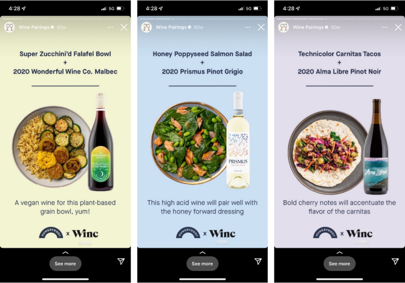 Capture d'écran de trois publications Instagram Story de Hungry Root montrant l'utilisation de modèles d'histoires Instagram pour mettre en évidence une collaboration.