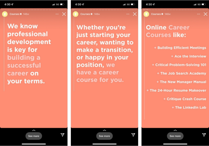 Capture d'écran de trois publications Instagram Story de Career Contessa montrant l'utilisation de modèles d'histoire Instagram.