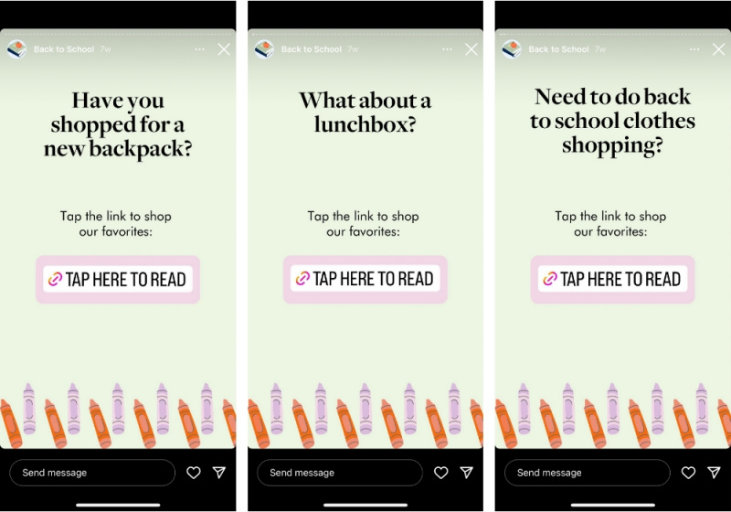 Capture d'écran de trois publications Instagram Story de The Everymom montrant l'utilisation de modèles d'histoires Instagram pour mettre en évidence les questions posées par les abonnés et partager un lien vers des articles sur leurs blogs.